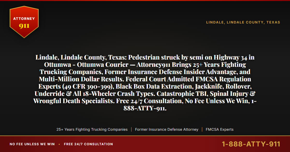 Lindale, Lindale County, Texas: Pedestrian struck by semi on Highway 34 in Ottumwa - Ottumwa Courier — Attorney911 Brings 25+ Years Fighting Trucking Companies, Former Insurance Defense Insider Advantage, and Multi-Million Dollar Results. Federal Court Admitted FMCSA Regulation Experts (49 CFR 390-399), Black Box Data Extraction, Jackknife, Rollover, Underride & All 18-Wheeler Crash Types. Catastrophic TBI, Spinal Injury & Wrongful Death Specialists. Free 24/7 Consultation, No Fee Unless We Win, 1-888-ATTY-911. - Attorney911