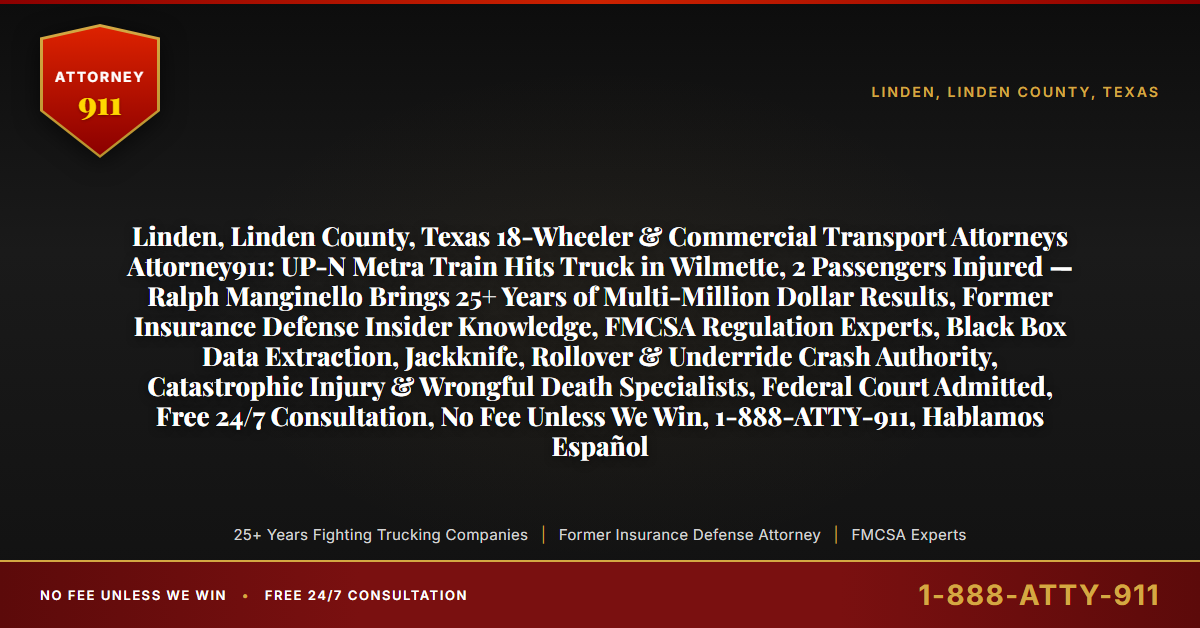 Linden, Linden County, Texas 18-Wheeler & Commercial Transport Attorneys Attorney911: UP-N Metra Train Hits Truck in Wilmette, 2 Passengers Injured — Ralph Manginello Brings 25+ Years of Multi-Million Dollar Results, Former Insurance Defense Insider Knowledge, FMCSA Regulation Experts, Black Box Data Extraction, Jackknife, Rollover & Underride Crash Authority, Catastrophic Injury & Wrongful Death Specialists, Federal Court Admitted, Free 24/7 Consultation, No Fee Unless We Win, 1-888-ATTY-911, Hablamos Español - Attorney911