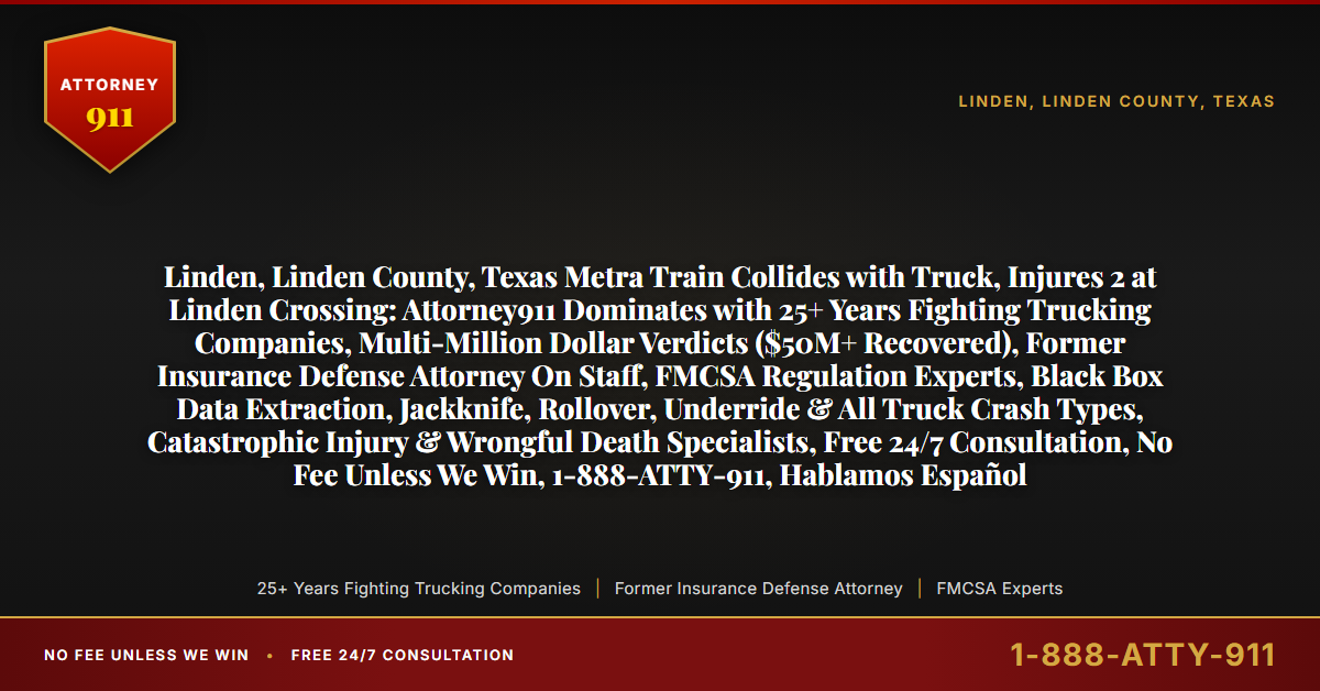 Linden, Linden County, Texas Metra Train Collides with Truck, Injures 2 at Linden Crossing: Attorney911 Dominates with 25+ Years Fighting Trucking Companies, Multi-Million Dollar Verdicts ($50M+ Recovered), Former Insurance Defense Attorney On Staff, FMCSA Regulation Experts, Black Box Data Extraction, Jackknife, Rollover, Underride & All Truck Crash Types, Catastrophic Injury & Wrongful Death Specialists, Free 24/7 Consultation, No Fee Unless We Win, 1-888-ATTY-911, Hablamos Español - Attorney911