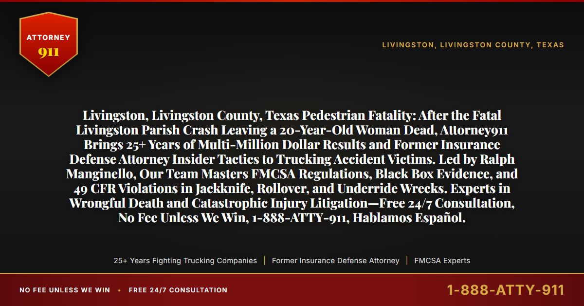 Livingston, Livingston County, Texas Pedestrian Fatality: After the Fatal Livingston Parish Crash Leaving a 20-Year-Old Woman Dead, Attorney911 Brings 25+ Years of Multi-Million Dollar Results and Former Insurance Defense Attorney Insider Tactics to Trucking Accident Victims. Led by Ralph Manginello, Our Team Masters FMCSA Regulations, Black Box Evidence, and 49 CFR Violations in Jackknife, Rollover, and Underride Wrecks. Experts in Wrongful Death and Catastrophic Injury Litigation—Free 24/7 Consultation, No Fee Unless We Win, 1-888-ATTY-911, Hablamos Español. - Attorney911