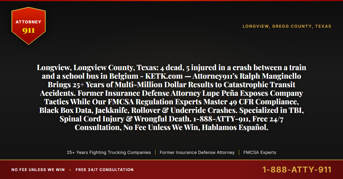 Longview, Longview County, Texas: 4 dead, 5 injured in a crash between a train and a school bus in Belgium - KETK.com — Attorney911’s Ralph Manginello Brings 25+ Years of Multi-Million Dollar Results to Catastrophic Transit Accidents. Former Insurance Defense Attorney Lupe Peña Exposes Company Tactics While Our FMCSA Regulation Experts Master 49 CFR Compliance, Black Box Data, Jackknife, Rollover & Underride Crashes. Specialized in TBI, Spinal Cord Injury & Wrongful Death. 1-888-ATTY-911, Free 24/7 Consultation, No Fee Unless We Win, Hablamos Español. - Attorney911