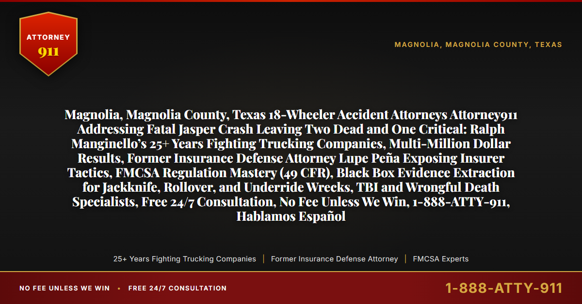Magnolia, Magnolia County, Texas 18-Wheeler Accident Attorneys Attorney911 Addressing Fatal Jasper Crash Leaving Two Dead and One Critical: Ralph Manginello’s 25+ Years Fighting Trucking Companies, Multi-Million Dollar Results, Former Insurance Defense Attorney Lupe Peña Exposing Insurer Tactics, FMCSA Regulation Mastery (49 CFR), Black Box Evidence Extraction for Jackknife, Rollover, and Underride Wrecks, TBI and Wrongful Death Specialists, Free 24/7 Consultation, No Fee Unless We Win, 1-888-ATTY-911, Hablamos Español - Attorney911