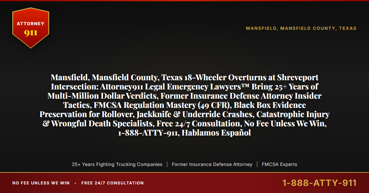 Mansfield, Mansfield County, Texas 18-Wheeler Overturns at Shreveport Intersection: Attorney911 Legal Emergency Lawyers™ Bring 25+ Years of Multi-Million Dollar Verdicts, Former Insurance Defense Attorney Insider Tactics, FMCSA Regulation Mastery (49 CFR), Black Box Evidence Preservation for Rollover, Jackknife & Underride Crashes, Catastrophic Injury & Wrongful Death Specialists, Free 24/7 Consultation, No Fee Unless We Win, 1-888-ATTY-911, Hablamos Español - Attorney911