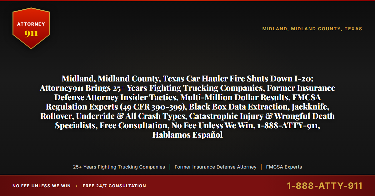 Midland, Midland County, Texas Car Hauler Fire Shuts Down I-20: Attorney911 Brings 25+ Years Fighting Trucking Companies, Former Insurance Defense Attorney Insider Tactics, Multi-Million Dollar Results, FMCSA Regulation Experts (49 CFR 390-399), Black Box Data Extraction, Jackknife, Rollover, Underride & All Crash Types, Catastrophic Injury & Wrongful Death Specialists, Free Consultation, No Fee Unless We Win, 1-888-ATTY-911, Hablamos Español - Attorney911