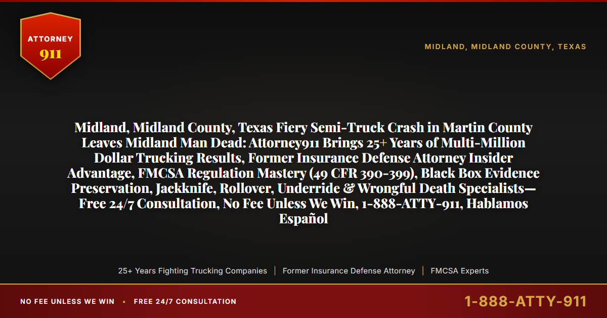 Midland, Midland County, Texas Fiery Semi-Truck Crash in Martin County Leaves Midland Man Dead: Attorney911 Brings 25+ Years of Multi-Million Dollar Trucking Results, Former Insurance Defense Attorney Insider Advantage, FMCSA Regulation Mastery (49 CFR 390-399), Black Box Evidence Preservation, Jackknife, Rollover, Underride & Wrongful Death Specialists—Free 24/7 Consultation, No Fee Unless We Win, 1-888-ATTY-911, Hablamos Español - Attorney911