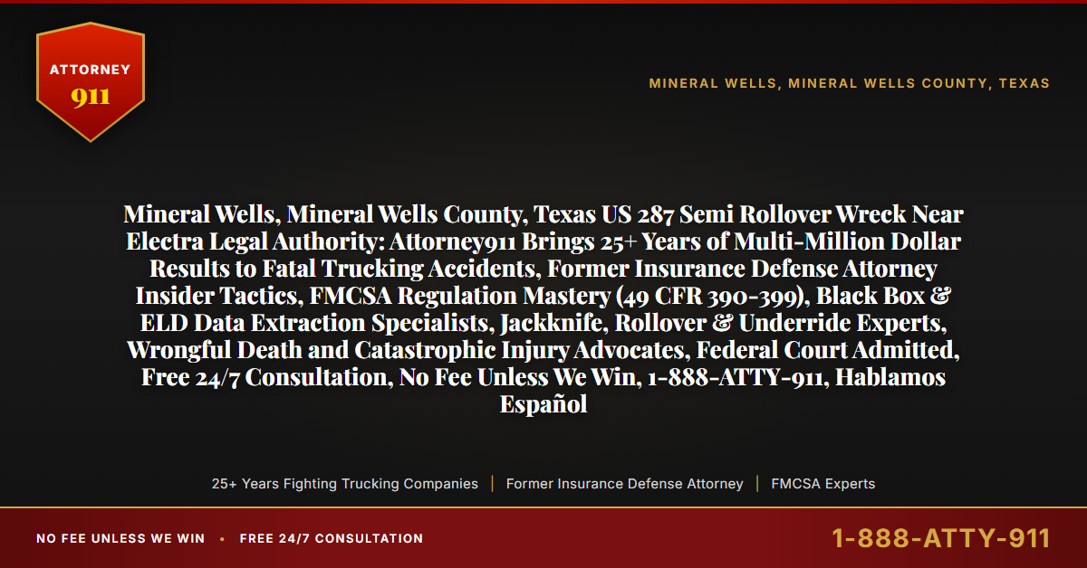 Mineral Wells, Mineral Wells County, Texas US 287 Semi Rollover Wreck Near Electra Legal Authority: Attorney911 Brings 25+ Years of Multi-Million Dollar Results to Fatal Trucking Accidents, Former Insurance Defense Attorney Insider Tactics, FMCSA Regulation Mastery (49 CFR 390-399), Black Box & ELD Data Extraction Specialists, Jackknife, Rollover & Underride Experts, Wrongful Death and Catastrophic Injury Advocates, Federal Court Admitted, Free 24/7 Consultation, No Fee Unless We Win, 1-888-ATTY-911, Hablamos Español - Attorney911