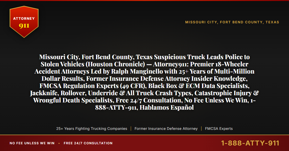 Missouri City, Fort Bend County, Texas Suspicious Truck Leads Police to Stolen Vehicles (Houston Chronicle) — Attorney911: Premier 18-Wheeler Accident Attorneys Led by Ralph Manginello with 25+ Years of Multi-Million Dollar Results, Former Insurance Defense Attorney Insider Knowledge, FMCSA Regulation Experts (49 CFR), Black Box & ECM Data Specialists, Jackknife, Rollover, Underride & All Truck Crash Types, Catastrophic Injury & Wrongful Death Specialists, Free 24/7 Consultation, No Fee Unless We Win, 1-888-ATTY-911, Hablamos Español - Attorney911