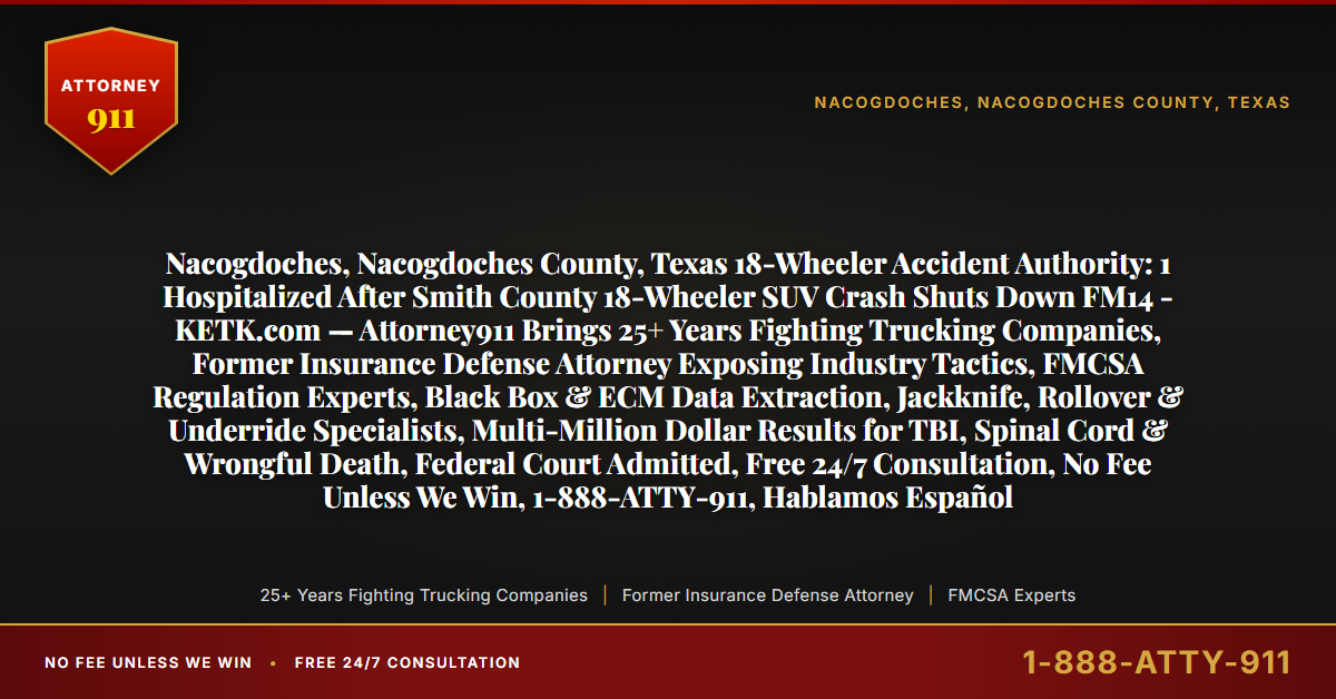 Nacogdoches, Nacogdoches County, Texas 18-Wheeler Accident Authority: 1 Hospitalized After Smith County 18-Wheeler SUV Crash Shuts Down FM14 - KETK.com — Attorney911 Brings 25+ Years Fighting Trucking Companies, Former Insurance Defense Attorney Exposing Industry Tactics, FMCSA Regulation Experts, Black Box & ECM Data Extraction, Jackknife, Rollover & Underride Specialists, Multi-Million Dollar Results for TBI, Spinal Cord & Wrongful Death, Federal Court Admitted, Free 24/7 Consultation, No Fee Unless We Win, 1-888-ATTY-911, Hablamos Español - Attorney911