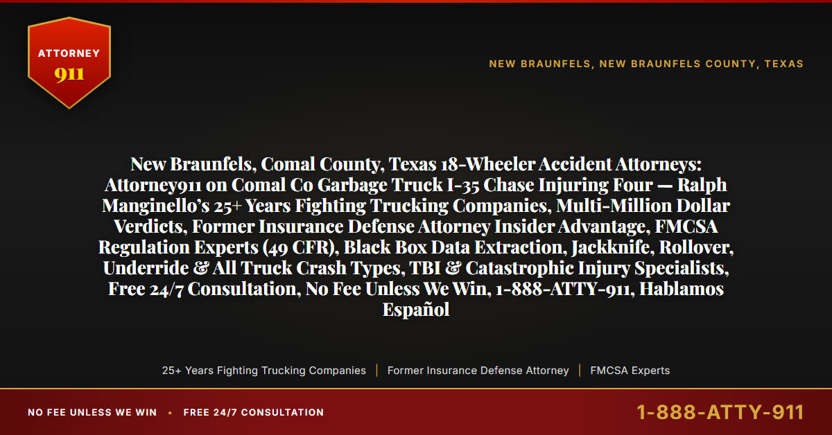 New Braunfels, Comal County, Texas 18-Wheeler Accident Attorneys: Attorney911 on Comal Co Garbage Truck I-35 Chase Injuring Four — Ralph Manginello’s 25+ Years Fighting Trucking Companies, Multi-Million Dollar Verdicts, Former Insurance Defense Attorney Insider Advantage, FMCSA Regulation Experts (49 CFR), Black Box Data Extraction, Jackknife, Rollover, Underride & All Truck Crash Types, TBI & Catastrophic Injury Specialists, Free 24/7 Consultation, No Fee Unless We Win, 1-888-ATTY-911, Hablamos Español - Attorney911