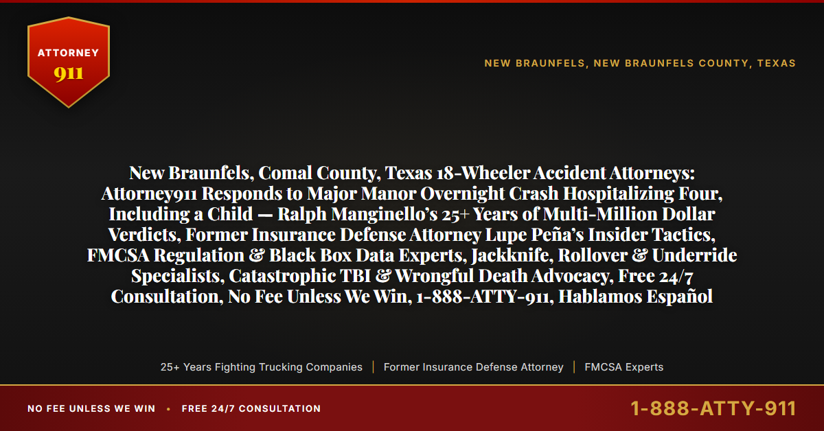 New Braunfels, Comal County, Texas 18-Wheeler Accident Attorneys: Attorney911 Responds to Major Manor Overnight Crash Hospitalizing Four, Including a Child — Ralph Manginello’s 25+ Years of Multi-Million Dollar Verdicts, Former Insurance Defense Attorney Lupe Peña’s Insider Tactics, FMCSA Regulation & Black Box Data Experts, Jackknife, Rollover & Underride Specialists, Catastrophic TBI & Wrongful Death Advocacy, Free 24/7 Consultation, No Fee Unless We Win, 1-888-ATTY-911, Hablamos Español - Attorney911