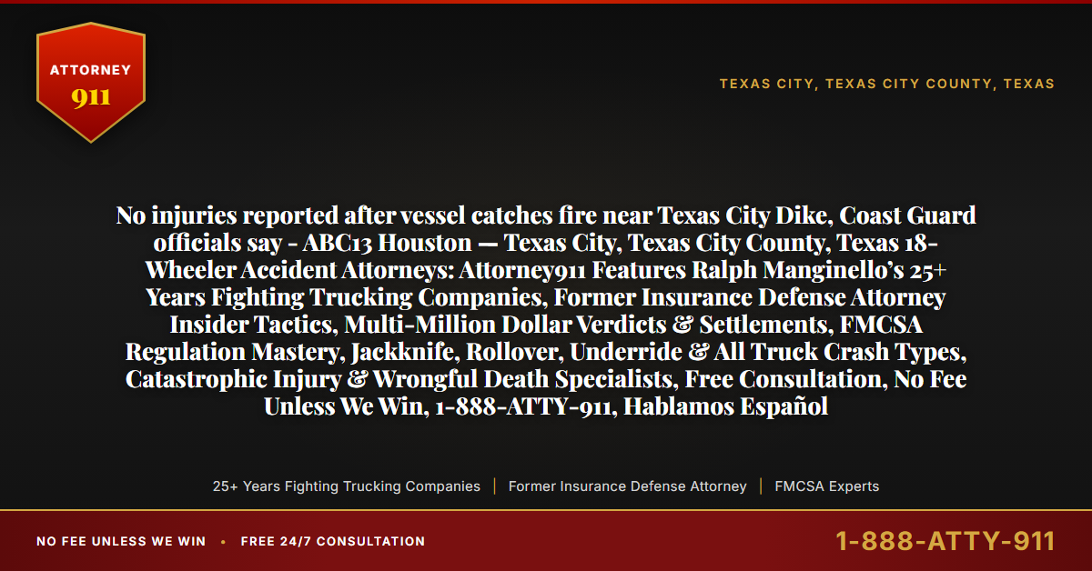 No injuries reported after vessel catches fire near Texas City Dike, Coast Guard officials say - ABC13 Houston — Texas City, Texas City County, Texas 18-Wheeler Accident Attorneys: Attorney911 Features Ralph Manginello’s 25+ Years Fighting Trucking Companies, Former Insurance Defense Attorney Insider Tactics, Multi-Million Dollar Verdicts & Settlements, FMCSA Regulation Mastery, Jackknife, Rollover, Underride & All Truck Crash Types, Catastrophic Injury & Wrongful Death Specialists, Free Consultation, No Fee Unless We Win, 1-888-ATTY-911, Hablamos Español - Attorney911