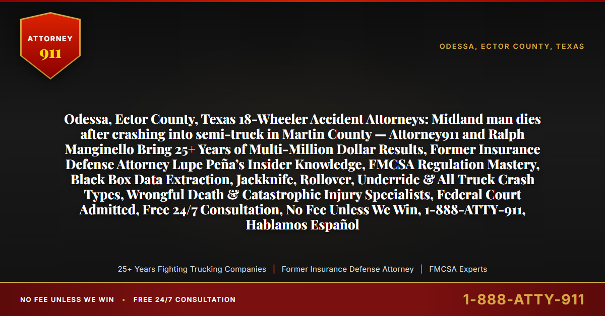 Odessa, Ector County, Texas 18-Wheeler Accident Attorneys: Midland man dies after crashing into semi-truck in Martin County — Attorney911 and Ralph Manginello Bring 25+ Years of Multi-Million Dollar Results, Former Insurance Defense Attorney Lupe Peña’s Insider Knowledge, FMCSA Regulation Mastery, Black Box Data Extraction, Jackknife, Rollover, Underride & All Truck Crash Types, Wrongful Death & Catastrophic Injury Specialists, Federal Court Admitted, Free 24/7 Consultation, No Fee Unless We Win, 1-888-ATTY-911, Hablamos Español - Attorney911