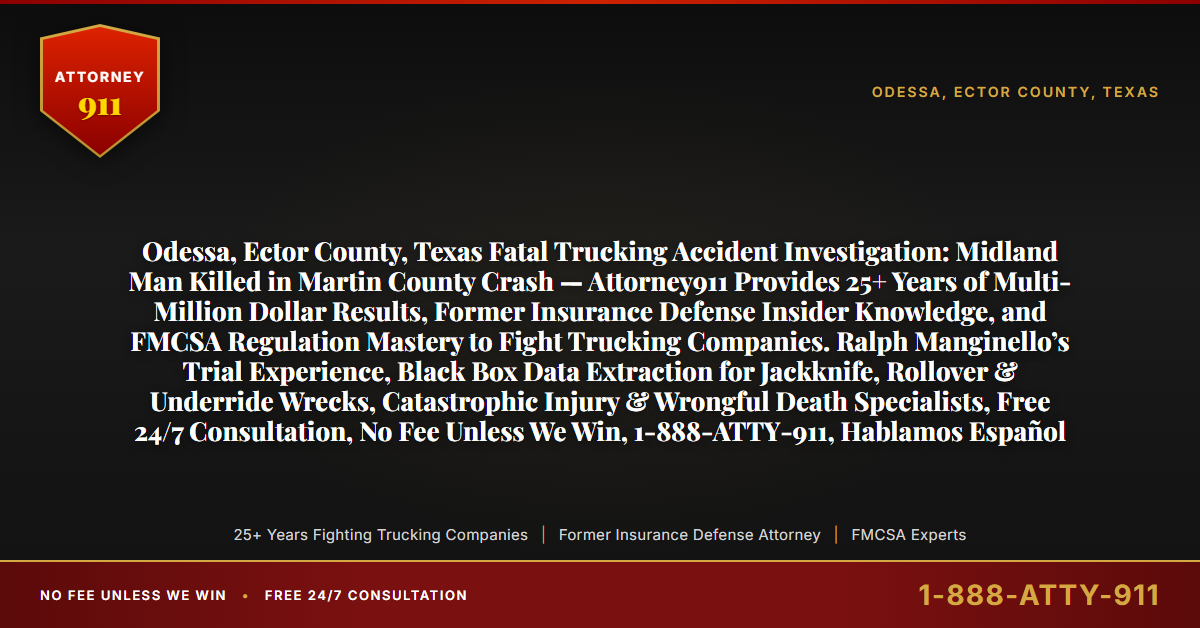 Odessa, Ector County, Texas Fatal Trucking Accident Investigation: Midland Man Killed in Martin County Crash — Attorney911 Provides 25+ Years of Multi-Million Dollar Results, Former Insurance Defense Insider Knowledge, and FMCSA Regulation Mastery to Fight Trucking Companies. Ralph Manginello’s Trial Experience, Black Box Data Extraction for Jackknife, Rollover & Underride Wrecks, Catastrophic Injury & Wrongful Death Specialists, Free 24/7 Consultation, No Fee Unless We Win, 1-888-ATTY-911, Hablamos Español - Attorney911