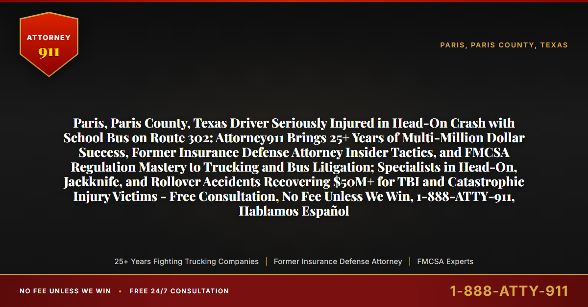 Paris, Paris County, Texas Driver Seriously Injured in Head-On Crash with School Bus on Route 302: Attorney911 Brings 25+ Years of Multi-Million Dollar Success, Former Insurance Defense Attorney Insider Tactics, and FMCSA Regulation Mastery to Trucking and Bus Litigation; Specialists in Head-On, Jackknife, and Rollover Accidents Recovering $50M+ for TBI and Catastrophic Injury Victims - Free Consultation, No Fee Unless We Win, 1-888-ATTY-911, Hablamos Español - Attorney911