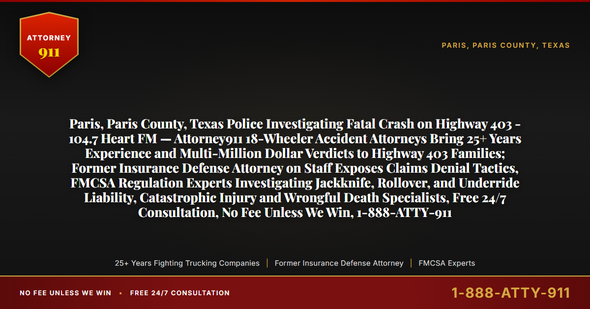 Paris, Paris County, Texas Police Investigating Fatal Crash on Highway 403 - 104.7 Heart FM — Attorney911 18-Wheeler Accident Attorneys Bring 25+ Years Experience and Multi-Million Dollar Verdicts to Highway 403 Families; Former Insurance Defense Attorney on Staff Exposes Claims Denial Tactics, FMCSA Regulation Experts Investigating Jackknife, Rollover, and Underride Liability, Catastrophic Injury and Wrongful Death Specialists, Free 24/7 Consultation, No Fee Unless We Win, 1-888-ATTY-911 - Attorney911