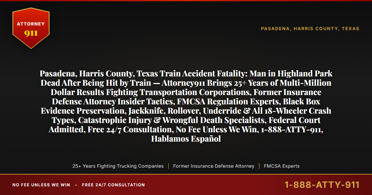 Pasadena, Harris County, Texas Train Accident Fatality: Man in Highland Park Dead After Being Hit by Train — Attorney911 Brings 25+ Years of Multi-Million Dollar Results Fighting Transportation Corporations, Former Insurance Defense Attorney Insider Tactics, FMCSA Regulation Experts, Black Box Evidence Preservation, Jackknife, Rollover, Underride & All 18-Wheeler Crash Types, Catastrophic Injury & Wrongful Death Specialists, Federal Court Admitted, Free 24/7 Consultation, No Fee Unless We Win, 1-888-ATTY-911, Hablamos Español - Attorney911