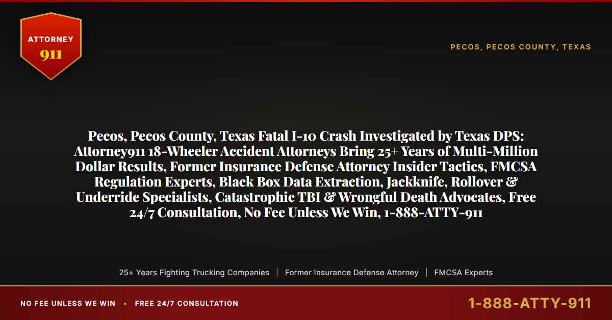 Pecos, Pecos County, Texas Fatal I-10 Crash Investigated by Texas DPS: Attorney911 18-Wheeler Accident Attorneys Bring 25+ Years of Multi-Million Dollar Results, Former Insurance Defense Attorney Insider Tactics, FMCSA Regulation Experts, Black Box Data Extraction, Jackknife, Rollover & Underride Specialists, Catastrophic TBI & Wrongful Death Advocates, Free 24/7 Consultation, No Fee Unless We Win, 1-888-ATTY-911 - Attorney911