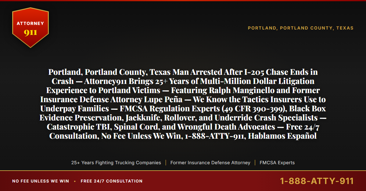 Portland, Portland County, Texas Man Arrested After I-205 Chase Ends in Crash — Attorney911 Brings 25+ Years of Multi-Million Dollar Litigation Experience to Portland Victims — Featuring Ralph Manginello and Former Insurance Defense Attorney Lupe Peña — We Know the Tactics Insurers Use to Underpay Families — FMCSA Regulation Experts (49 CFR 390-399), Black Box Evidence Preservation, Jackknife, Rollover, and Underride Crash Specialists — Catastrophic TBI, Spinal Cord, and Wrongful Death Advocates — Free 24/7 Consultation, No Fee Unless We Win, 1-888-ATTY-911, Hablamos Español - Attorney911