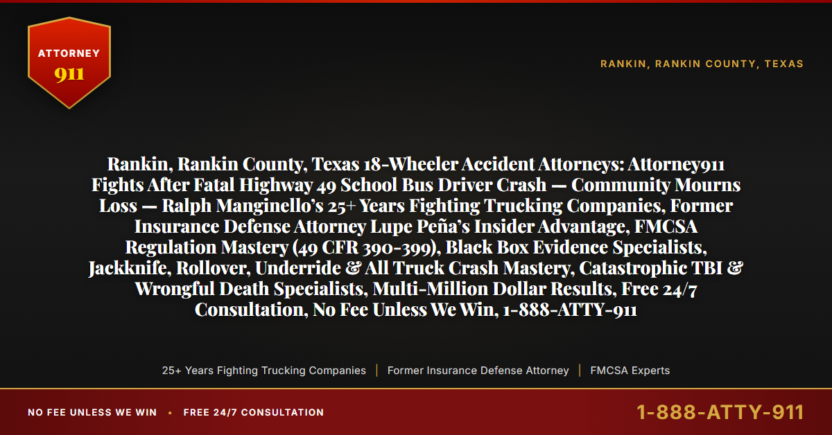 Rankin, Rankin County, Texas 18-Wheeler Accident Attorneys: Attorney911 Fights After Fatal Highway 49 School Bus Driver Crash — Community Mourns Loss — Ralph Manginello’s 25+ Years Fighting Trucking Companies, Former Insurance Defense Attorney Lupe Peña’s Insider Advantage, FMCSA Regulation Mastery (49 CFR 390-399), Black Box Evidence Specialists, Jackknife, Rollover, Underride & All Truck Crash Mastery, Catastrophic TBI & Wrongful Death Specialists, Multi-Million Dollar Results, Free 24/7 Consultation, No Fee Unless We Win, 1-888-ATTY-911 - Attorney911