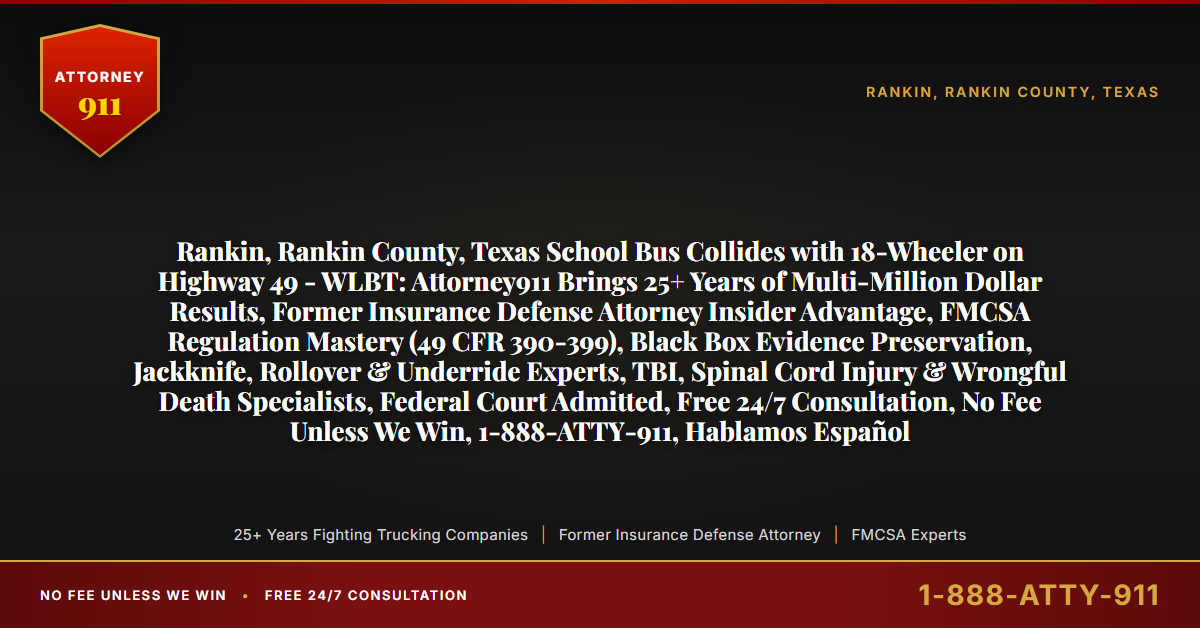 Rankin, Rankin County, Texas School Bus Collides with 18-Wheeler on Highway 49 - WLBT: Attorney911 Brings 25+ Years of Multi-Million Dollar Results, Former Insurance Defense Attorney Insider Advantage, FMCSA Regulation Mastery (49 CFR 390-399), Black Box Evidence Preservation, Jackknife, Rollover & Underride Experts, TBI, Spinal Cord Injury & Wrongful Death Specialists, Federal Court Admitted, Free 24/7 Consultation, No Fee Unless We Win, 1-888-ATTY-911, Hablamos Español - Attorney911