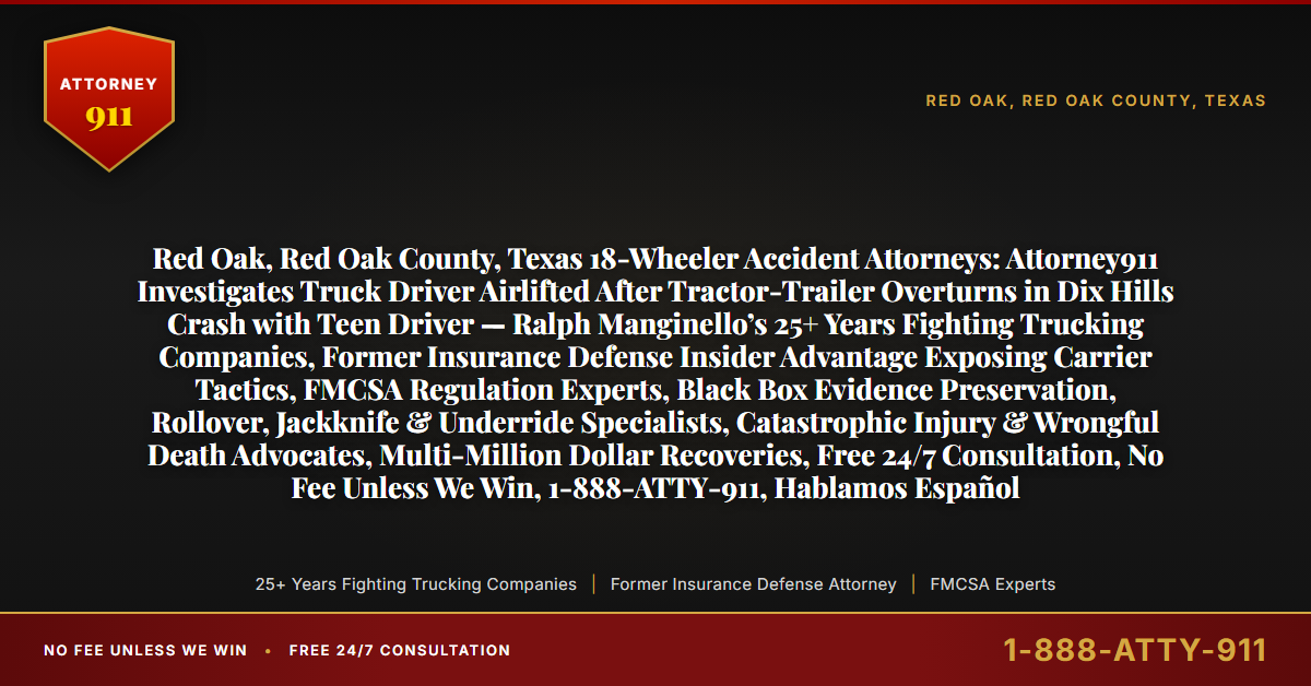 Red Oak, Red Oak County, Texas 18-Wheeler Accident Attorneys: Attorney911 Investigates Truck Driver Airlifted After Tractor-Trailer Overturns in Dix Hills Crash with Teen Driver — Ralph Manginello’s 25+ Years Fighting Trucking Companies, Former Insurance Defense Insider Advantage Exposing Carrier Tactics, FMCSA Regulation Experts, Black Box Evidence Preservation, Rollover, Jackknife & Underride Specialists, Catastrophic Injury & Wrongful Death Advocates, Multi-Million Dollar Recoveries, Free 24/7 Consultation, No Fee Unless We Win, 1-888-ATTY-911, Hablamos Español - Attorney911