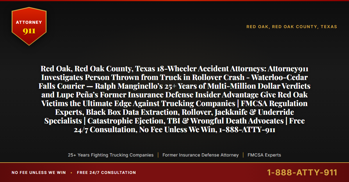 Red Oak, Red Oak County, Texas 18-Wheeler Accident Attorneys: Attorney911 Investigates Person Thrown from Truck in Rollover Crash - Waterloo-Cedar Falls Courier — Ralph Manginello’s 25+ Years of Multi-Million Dollar Verdicts and Lupe Peña’s Former Insurance Defense Insider Advantage Give Red Oak Victims the Ultimate Edge Against Trucking Companies | FMCSA Regulation Experts, Black Box Data Extraction, Rollover, Jackknife & Underride Specialists | Catastrophic Ejection, TBI & Wrongful Death Advocates | Free 24/7 Consultation, No Fee Unless We Win, 1-888-ATTY-911 - Attorney911