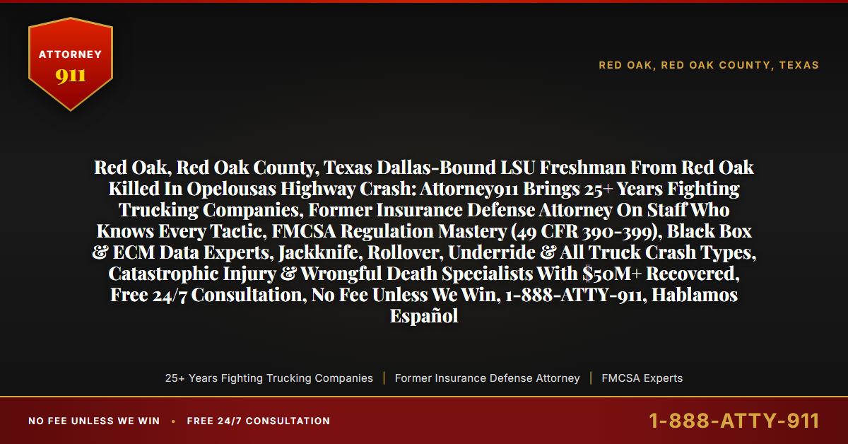 Red Oak, Red Oak County, Texas Dallas-Bound LSU Freshman From Red Oak Killed In Opelousas Highway Crash: Attorney911 Brings 25+ Years Fighting Trucking Companies, Former Insurance Defense Attorney On Staff Who Knows Every Tactic, FMCSA Regulation Mastery (49 CFR 390-399), Black Box & ECM Data Experts, Jackknife, Rollover, Underride & All Truck Crash Types, Catastrophic Injury & Wrongful Death Specialists With $50M+ Recovered, Free 24/7 Consultation, No Fee Unless We Win, 1-888-ATTY-911, Hablamos Español - Attorney911