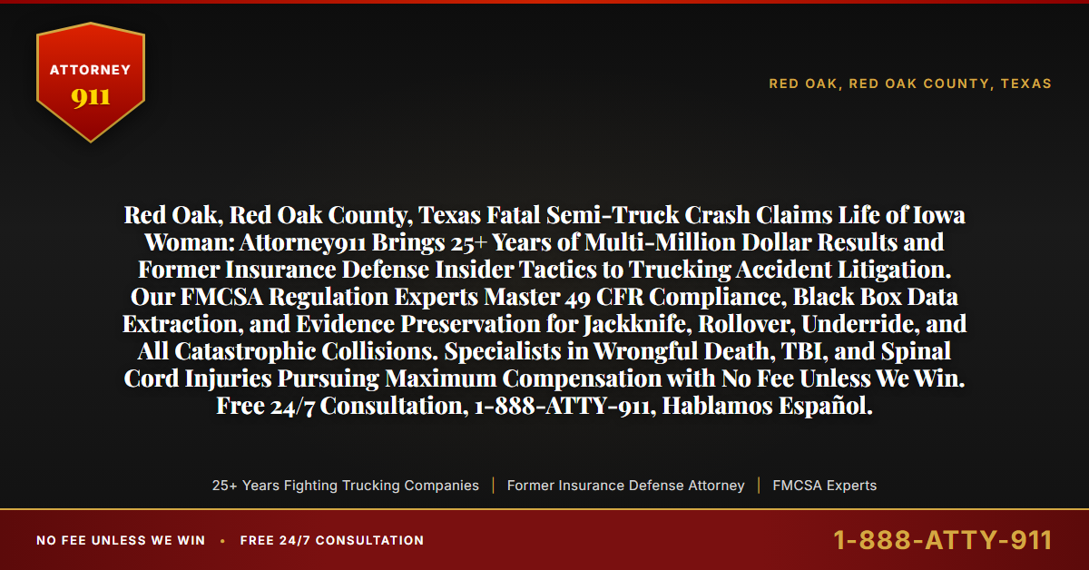 Red Oak, Red Oak County, Texas Fatal Semi-Truck Crash Claims Life of Iowa Woman: Attorney911 Brings 25+ Years of Multi-Million Dollar Results and Former Insurance Defense Insider Tactics to Trucking Accident Litigation. Our FMCSA Regulation Experts Master 49 CFR Compliance, Black Box Data Extraction, and Evidence Preservation for Jackknife, Rollover, Underride, and All Catastrophic Collisions. Specialists in Wrongful Death, TBI, and Spinal Cord Injuries Pursuing Maximum Compensation with No Fee Unless We Win. Free 24/7 Consultation, 1-888-ATTY-911, Hablamos Español. - Attorney911