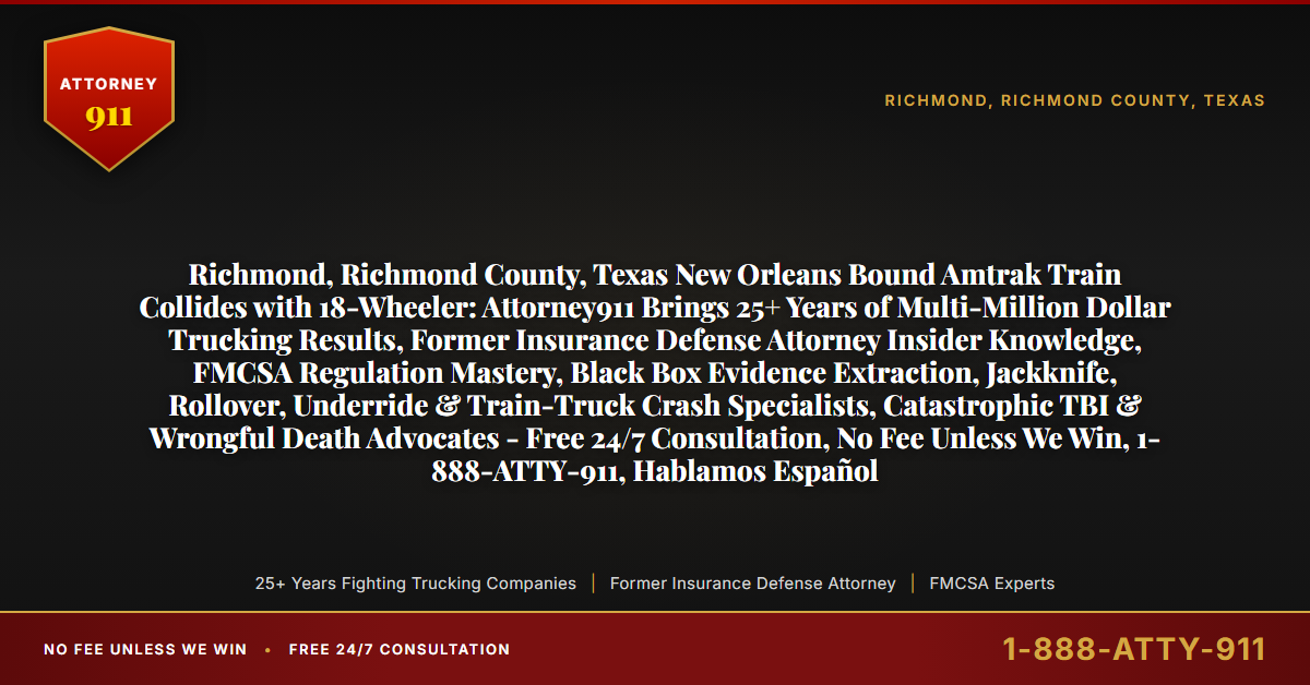 Richmond, Richmond County, Texas New Orleans Bound Amtrak Train Collides with 18-Wheeler: Attorney911 Brings 25+ Years of Multi-Million Dollar Trucking Results, Former Insurance Defense Attorney Insider Knowledge, FMCSA Regulation Mastery, Black Box Evidence Extraction, Jackknife, Rollover, Underride & Train-Truck Crash Specialists, Catastrophic TBI & Wrongful Death Advocates - Free 24/7 Consultation, No Fee Unless We Win, 1-888-ATTY-911, Hablamos Español - Attorney911