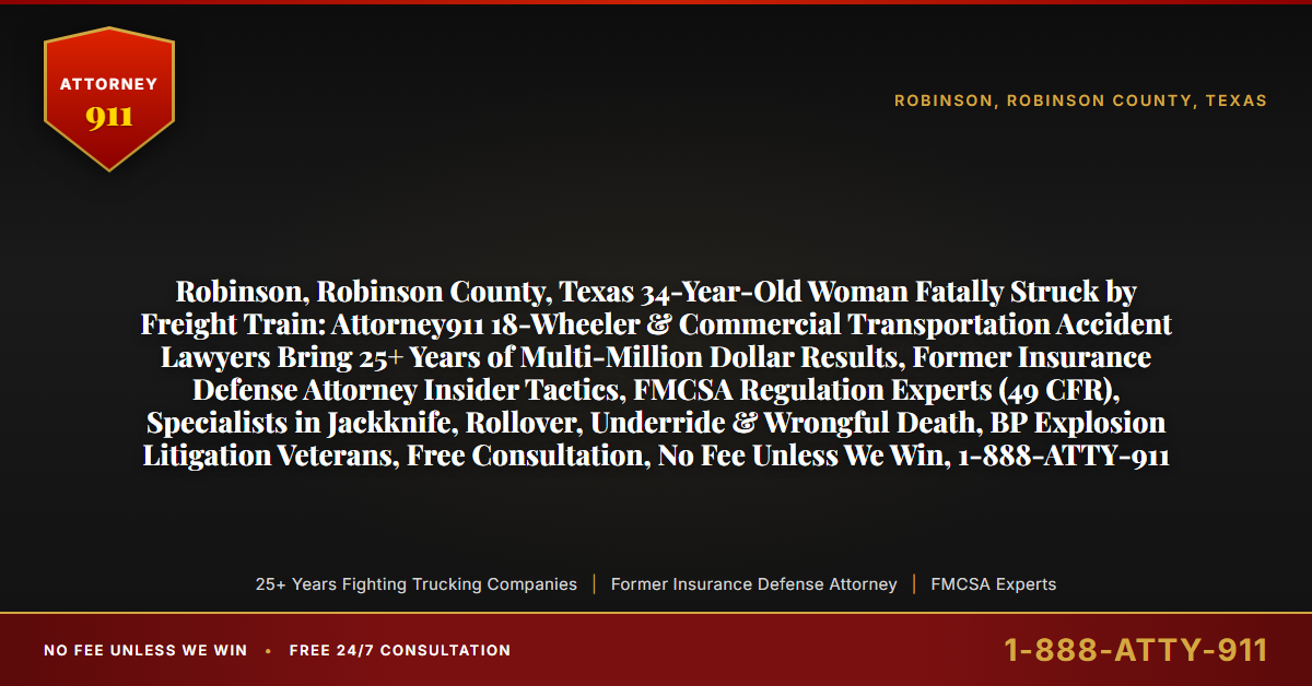 Robinson, Robinson County, Texas 34-Year-Old Woman Fatally Struck by Freight Train: Attorney911 18-Wheeler & Commercial Transportation Accident Lawyers Bring 25+ Years of Multi-Million Dollar Results, Former Insurance Defense Attorney Insider Tactics, FMCSA Regulation Experts (49 CFR), Specialists in Jackknife, Rollover, Underride & Wrongful Death, BP Explosion Litigation Veterans, Free Consultation, No Fee Unless We Win, 1-888-ATTY-911 - Attorney911
