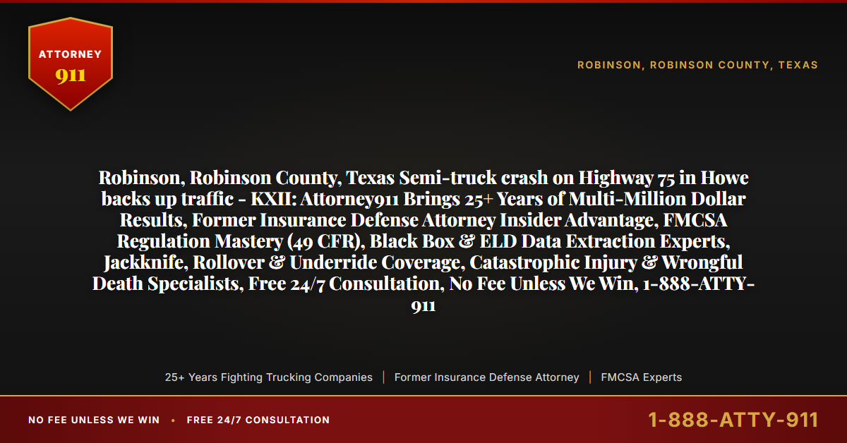 Robinson, Robinson County, Texas Semi-truck crash on Highway 75 in Howe backs up traffic - KXII: Attorney911 Brings 25+ Years of Multi-Million Dollar Results, Former Insurance Defense Attorney Insider Advantage, FMCSA Regulation Mastery (49 CFR), Black Box & ELD Data Extraction Experts, Jackknife, Rollover & Underride Coverage, Catastrophic Injury & Wrongful Death Specialists, Free 24/7 Consultation, No Fee Unless We Win, 1-888-ATTY-911 - Attorney911