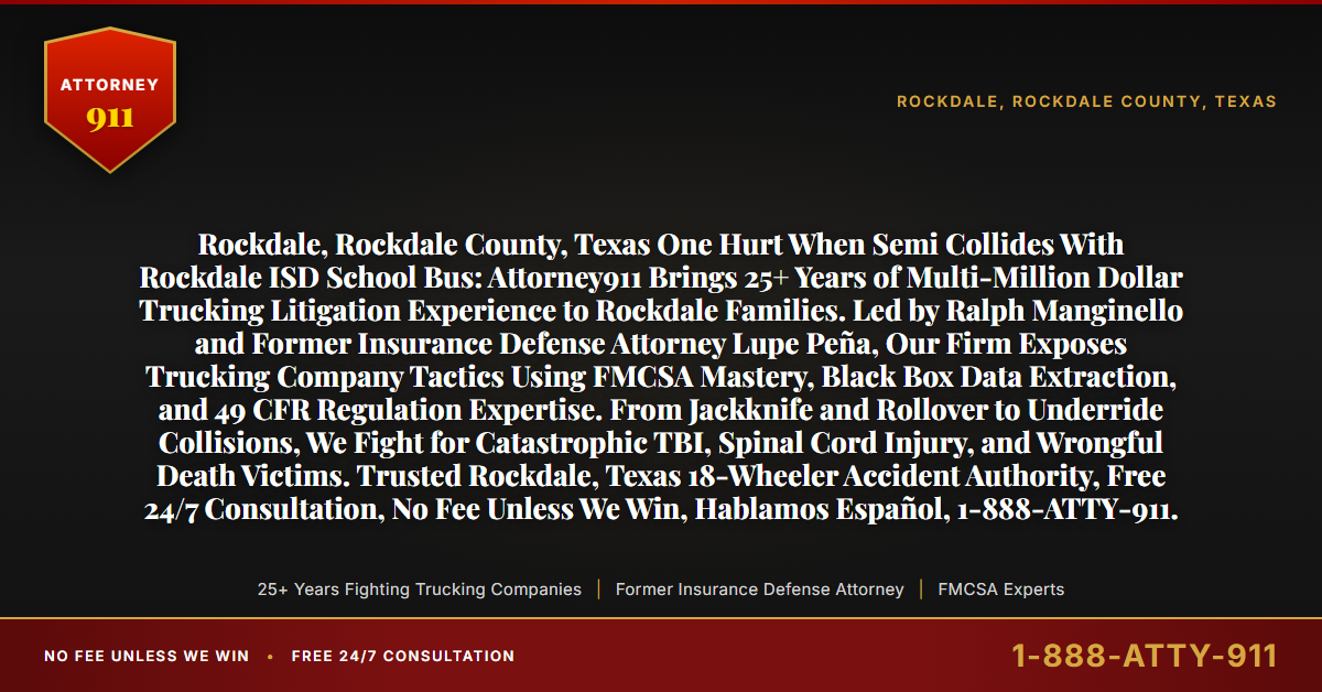 Rockdale, Rockdale County, Texas One Hurt When Semi Collides With Rockdale ISD School Bus: Attorney911 Brings 25+ Years of Multi-Million Dollar Trucking Litigation Experience to Rockdale Families. Led by Ralph Manginello and Former Insurance Defense Attorney Lupe Peña, Our Firm Exposes Trucking Company Tactics Using FMCSA Mastery, Black Box Data Extraction, and 49 CFR Regulation Expertise. From Jackknife and Rollover to Underride Collisions, We Fight for Catastrophic TBI, Spinal Cord Injury, and Wrongful Death Victims. Trusted Rockdale, Texas 18-Wheeler Accident Authority, Free 24/7 Consultation, No Fee Unless We Win, Hablamos Español, 1-888-ATTY-911. - Attorney911