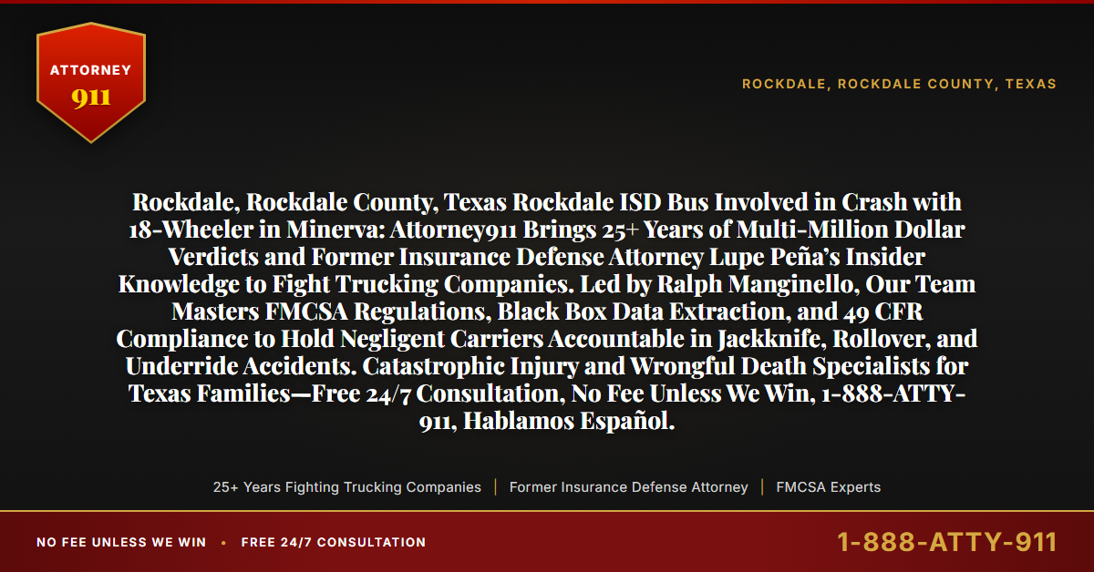 Rockdale, Rockdale County, Texas Rockdale ISD Bus Involved in Crash with 18-Wheeler in Minerva: Attorney911 Brings 25+ Years of Multi-Million Dollar Verdicts and Former Insurance Defense Attorney Lupe Peña’s Insider Knowledge to Fight Trucking Companies. Led by Ralph Manginello, Our Team Masters FMCSA Regulations, Black Box Data Extraction, and 49 CFR Compliance to Hold Negligent Carriers Accountable in Jackknife, Rollover, and Underride Accidents. Catastrophic Injury and Wrongful Death Specialists for Texas Families—Free 24/7 Consultation, No Fee Unless We Win, 1-888-ATTY-911, Hablamos Español. - Attorney911