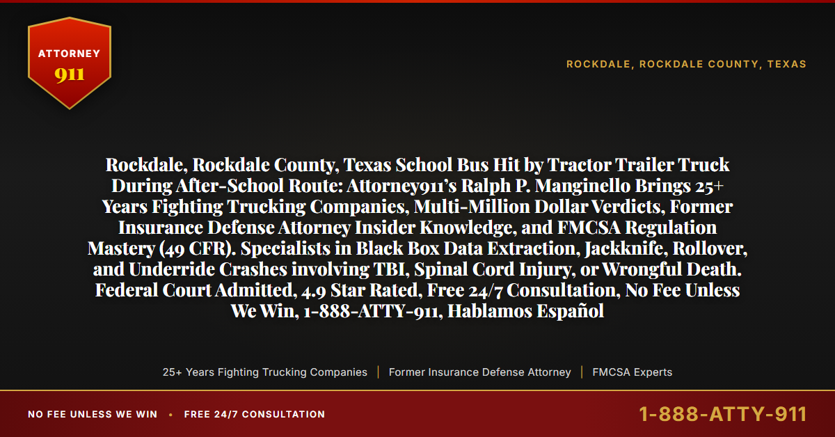 Rockdale, Rockdale County, Texas School Bus Hit by Tractor Trailer Truck During After-School Route: Attorney911’s Ralph P. Manginello Brings 25+ Years Fighting Trucking Companies, Multi-Million Dollar Verdicts, Former Insurance Defense Attorney Insider Knowledge, and FMCSA Regulation Mastery (49 CFR). Specialists in Black Box Data Extraction, Jackknife, Rollover, and Underride Crashes involving TBI, Spinal Cord Injury, or Wrongful Death. Federal Court Admitted, 4.9 Star Rated, Free 24/7 Consultation, No Fee Unless We Win, 1-888-ATTY-911, Hablamos Español - Attorney911