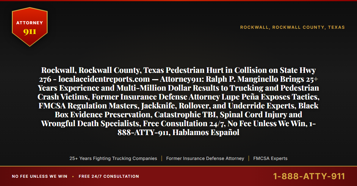 Rockwall, Rockwall County, Texas Pedestrian Hurt in Collision on State Hwy 276 - localaccidentreports.com — Attorney911: Ralph P. Manginello Brings 25+ Years Experience and Multi-Million Dollar Results to Trucking and Pedestrian Crash Victims, Former Insurance Defense Attorney Lupe Peña Exposes Tactics, FMCSA Regulation Masters, Jackknife, Rollover, and Underride Experts, Black Box Evidence Preservation, Catastrophic TBI, Spinal Cord Injury and Wrongful Death Specialists, Free Consultation 24/7, No Fee Unless We Win, 1-888-ATTY-911, Hablamos Español - Attorney911