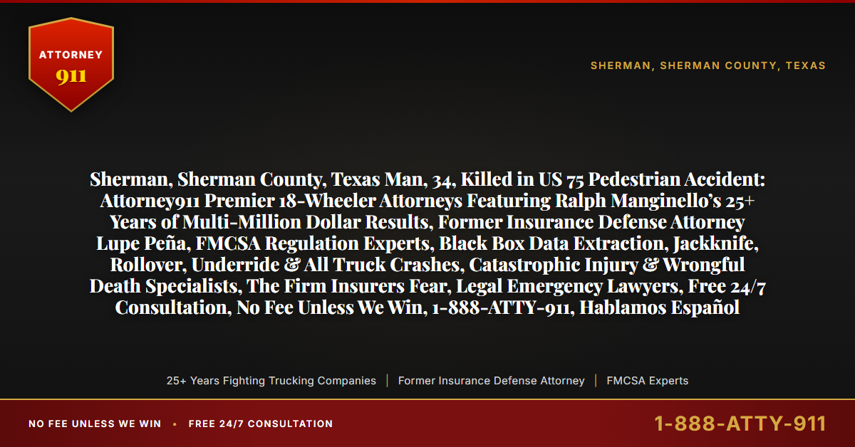 Sherman, Sherman County, Texas Man, 34, Killed in US 75 Pedestrian Accident: Attorney911 Premier 18-Wheeler Attorneys Featuring Ralph Manginello’s 25+ Years of Multi-Million Dollar Results, Former Insurance Defense Attorney Lupe Peña, FMCSA Regulation Experts, Black Box Data Extraction, Jackknife, Rollover, Underride & All Truck Crashes, Catastrophic Injury & Wrongful Death Specialists, The Firm Insurers Fear, Legal Emergency Lawyers, Free 24/7 Consultation, No Fee Unless We Win, 1-888-ATTY-911, Hablamos Español - Attorney911