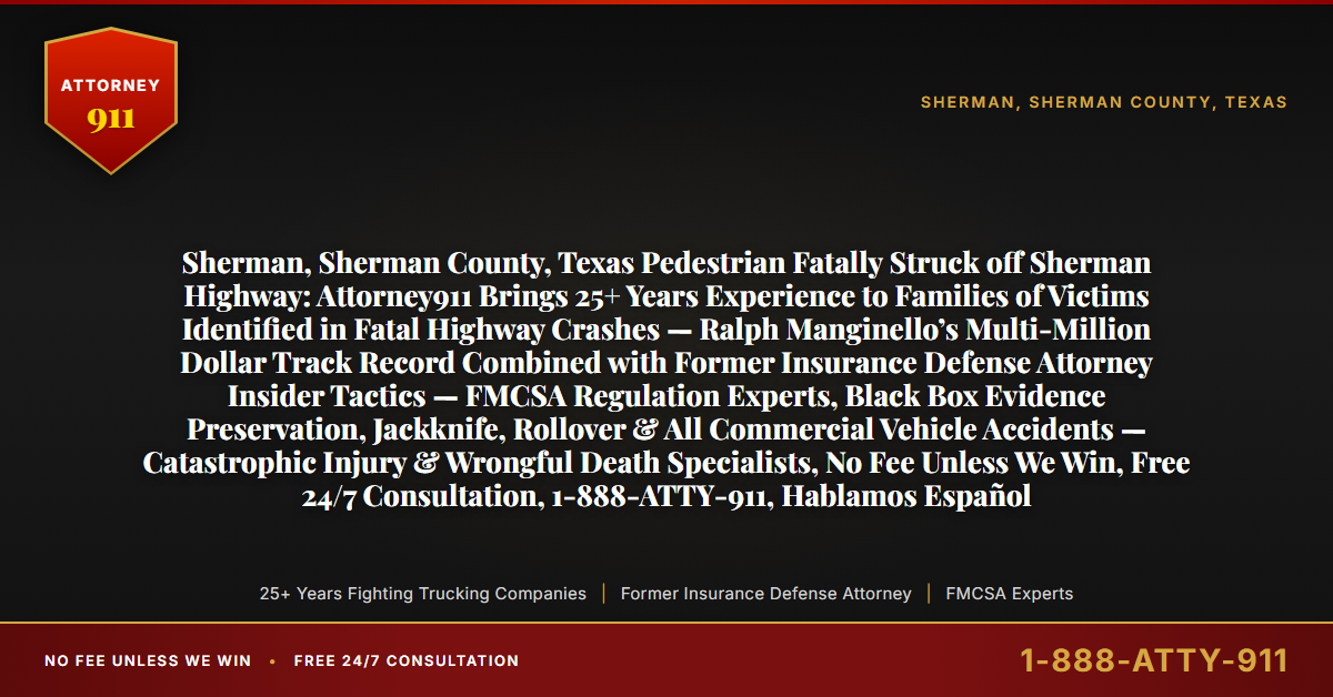 Sherman, Sherman County, Texas Pedestrian Fatally Struck off Sherman Highway: Attorney911 Brings 25+ Years Experience to Families of Victims Identified in Fatal Highway Crashes — Ralph Manginello’s Multi-Million Dollar Track Record Combined with Former Insurance Defense Attorney Insider Tactics — FMCSA Regulation Experts, Black Box Evidence Preservation, Jackknife, Rollover & All Commercial Vehicle Accidents — Catastrophic Injury & Wrongful Death Specialists, No Fee Unless We Win, Free 24/7 Consultation, 1-888-ATTY-911, Hablamos Español - Attorney911