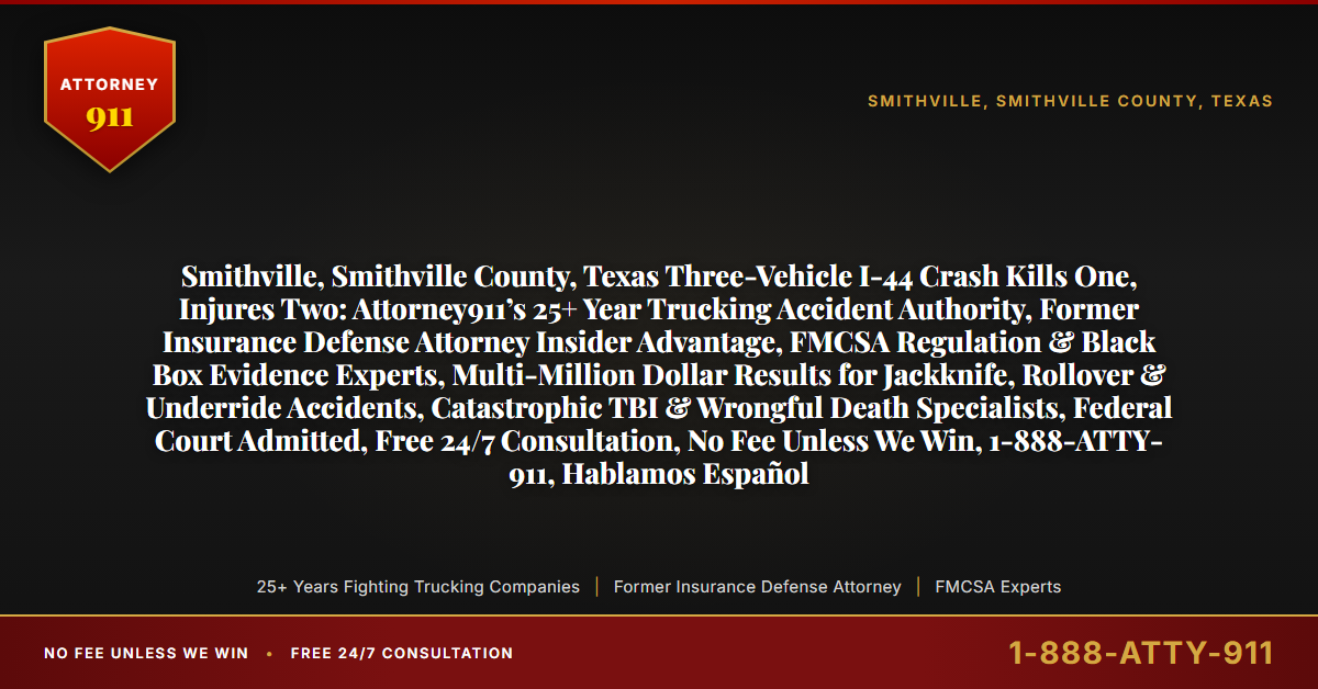 Smithville, Smithville County, Texas Three-Vehicle I-44 Crash Kills One, Injures Two: Attorney911’s 25+ Year Trucking Accident Authority, Former Insurance Defense Attorney Insider Advantage, FMCSA Regulation & Black Box Evidence Experts, Multi-Million Dollar Results for Jackknife, Rollover & Underride Accidents, Catastrophic TBI & Wrongful Death Specialists, Federal Court Admitted, Free 24/7 Consultation, No Fee Unless We Win, 1-888-ATTY-911, Hablamos Español - Attorney911