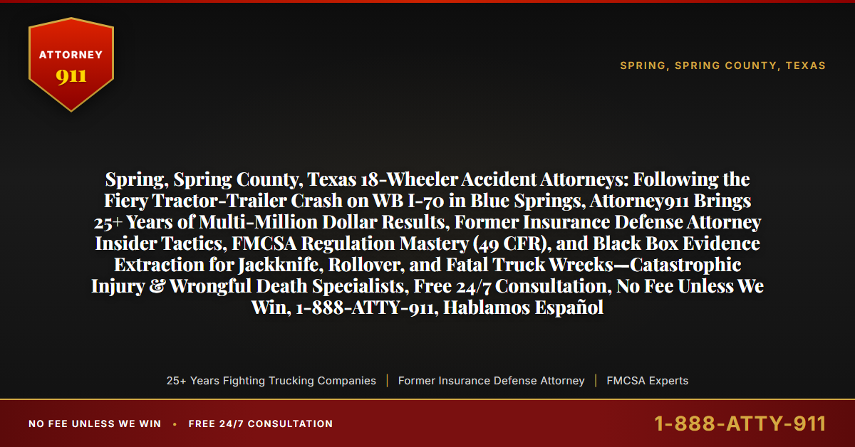 Spring, Spring County, Texas 18-Wheeler Accident Attorneys: Following the Fiery Tractor-Trailer Crash on WB I-70 in Blue Springs, Attorney911 Brings 25+ Years of Multi-Million Dollar Results, Former Insurance Defense Attorney Insider Tactics, FMCSA Regulation Mastery (49 CFR), and Black Box Evidence Extraction for Jackknife, Rollover, and Fatal Truck Wrecks—Catastrophic Injury & Wrongful Death Specialists, Free 24/7 Consultation, No Fee Unless We Win, 1-888-ATTY-911, Hablamos Español - Attorney911