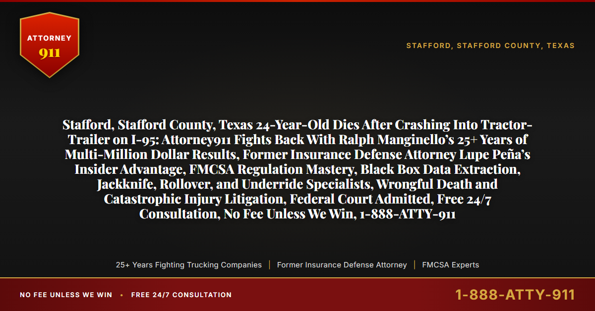 Stafford, Stafford County, Texas 24-Year-Old Dies After Crashing Into Tractor-Trailer on I-95: Attorney911 Fights Back With Ralph Manginello’s 25+ Years of Multi-Million Dollar Results, Former Insurance Defense Attorney Lupe Peña’s Insider Advantage, FMCSA Regulation Mastery, Black Box Data Extraction, Jackknife, Rollover, and Underride Specialists, Wrongful Death and Catastrophic Injury Litigation, Federal Court Admitted, Free 24/7 Consultation, No Fee Unless We Win, 1-888-ATTY-911 - Attorney911