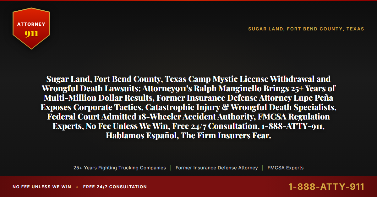 Sugar Land, Fort Bend County, Texas Camp Mystic License Withdrawal and Wrongful Death Lawsuits: Attorney911’s Ralph Manginello Brings 25+ Years of Multi-Million Dollar Results, Former Insurance Defense Attorney Lupe Peña Exposes Corporate Tactics, Catastrophic Injury & Wrongful Death Specialists, Federal Court Admitted 18-Wheeler Accident Authority, FMCSA Regulation Experts, No Fee Unless We Win, Free 24/7 Consultation, 1-888-ATTY-911, Hablamos Español, The Firm Insurers Fear. - Attorney911