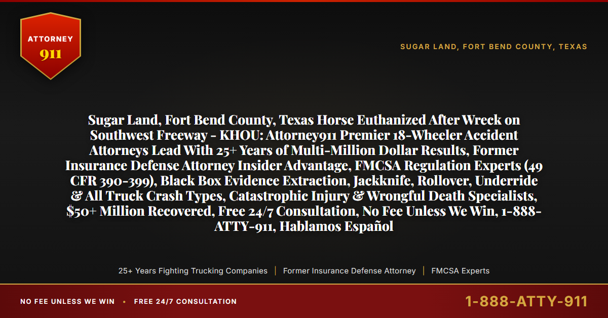 Sugar Land, Fort Bend County, Texas Horse Euthanized After Wreck on Southwest Freeway - KHOU: Attorney911 Premier 18-Wheeler Accident Attorneys Lead With 25+ Years of Multi-Million Dollar Results, Former Insurance Defense Attorney Insider Advantage, FMCSA Regulation Experts (49 CFR 390-399), Black Box Evidence Extraction, Jackknife, Rollover, Underride & All Truck Crash Types, Catastrophic Injury & Wrongful Death Specialists, $50+ Million Recovered, Free 24/7 Consultation, No Fee Unless We Win, 1-888-ATTY-911, Hablamos Español - Attorney911