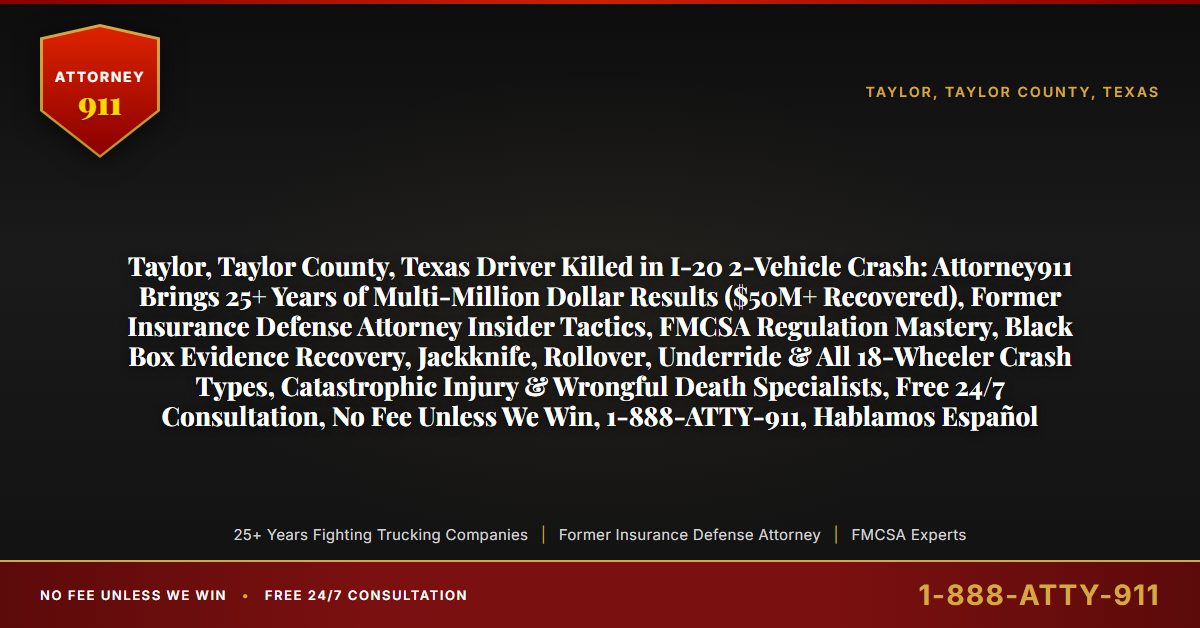 Taylor, Taylor County, Texas Driver Killed in I-20 2-Vehicle Crash: Attorney911 Brings 25+ Years of Multi-Million Dollar Results ($50M+ Recovered), Former Insurance Defense Attorney Insider Tactics, FMCSA Regulation Mastery, Black Box Evidence Recovery, Jackknife, Rollover, Underride & All 18-Wheeler Crash Types, Catastrophic Injury & Wrongful Death Specialists, Free 24/7 Consultation, No Fee Unless We Win, 1-888-ATTY-911, Hablamos Español - Attorney911