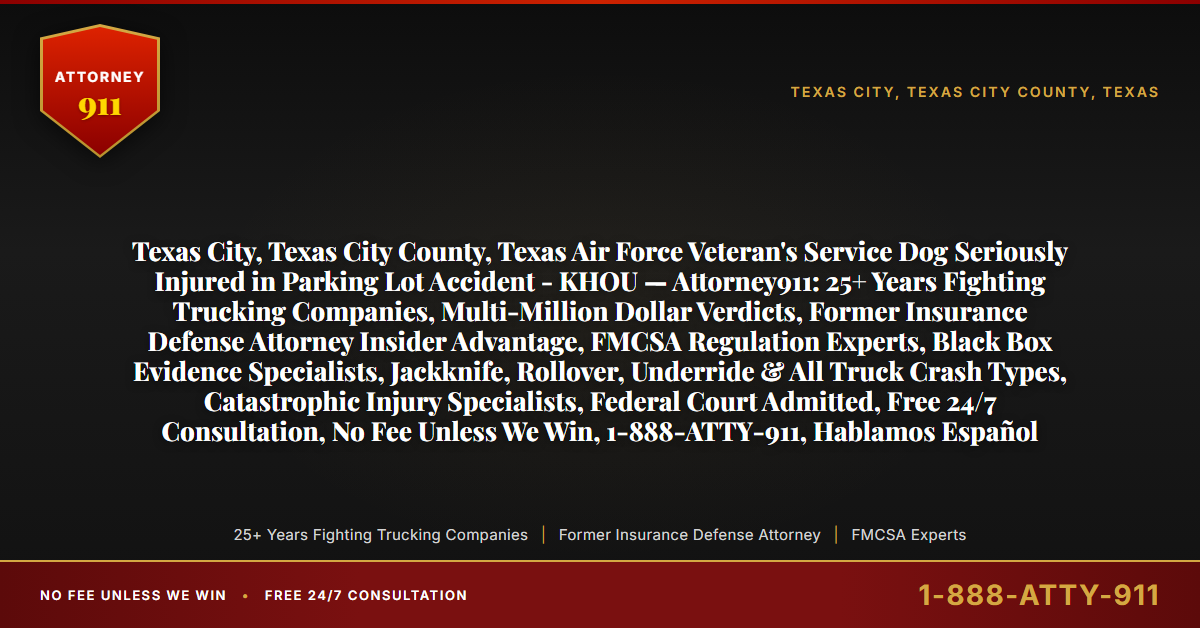 Texas City, Texas City County, Texas Air Force Veteran's Service Dog Seriously Injured in Parking Lot Accident - KHOU — Attorney911: 25+ Years Fighting Trucking Companies, Multi-Million Dollar Verdicts, Former Insurance Defense Attorney Insider Advantage, FMCSA Regulation Experts, Black Box Evidence Specialists, Jackknife, Rollover, Underride & All Truck Crash Types, Catastrophic Injury Specialists, Federal Court Admitted, Free 24/7 Consultation, No Fee Unless We Win, 1-888-ATTY-911, Hablamos Español - Attorney911
