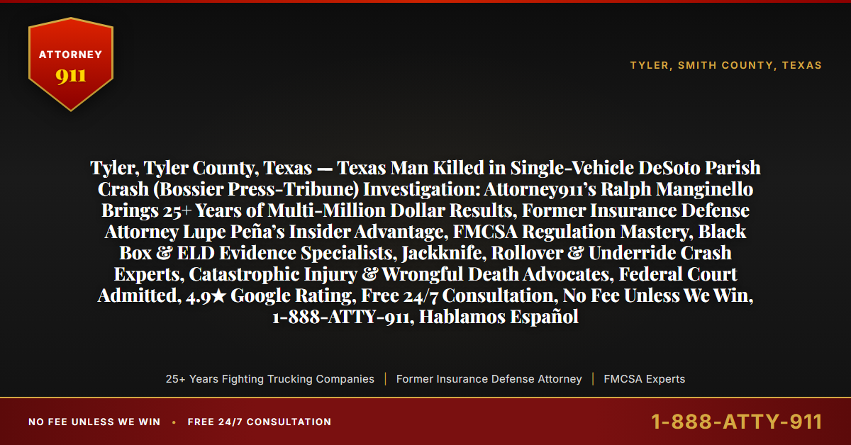 Tyler, Tyler County, Texas — Texas Man Killed in Single-Vehicle DeSoto Parish Crash (Bossier Press-Tribune) Investigation: Attorney911’s Ralph Manginello Brings 25+ Years of Multi-Million Dollar Results, Former Insurance Defense Attorney Lupe Peña’s Insider Advantage, FMCSA Regulation Mastery, Black Box & ELD Evidence Specialists, Jackknife, Rollover & Underride Crash Experts, Catastrophic Injury & Wrongful Death Advocates, Federal Court Admitted, 4.9★ Google Rating, Free 24/7 Consultation, No Fee Unless We Win, 1-888-ATTY-911, Hablamos Español - Attorney911