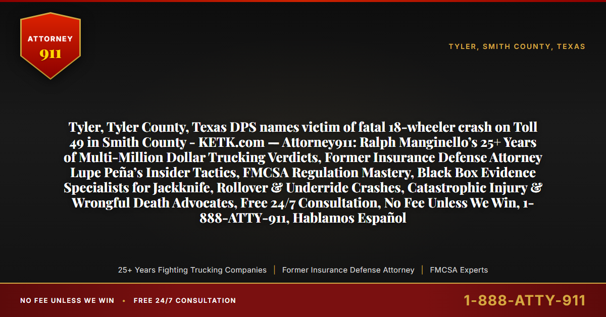 Tyler, Tyler County, Texas DPS names victim of fatal 18-wheeler crash on Toll 49 in Smith County - KETK.com — Attorney911: Ralph Manginello’s 25+ Years of Multi-Million Dollar Trucking Verdicts, Former Insurance Defense Attorney Lupe Peña’s Insider Tactics, FMCSA Regulation Mastery, Black Box Evidence Specialists for Jackknife, Rollover & Underride Crashes, Catastrophic Injury & Wrongful Death Advocates, Free 24/7 Consultation, No Fee Unless We Win, 1-888-ATTY-911, Hablamos Español - Attorney911