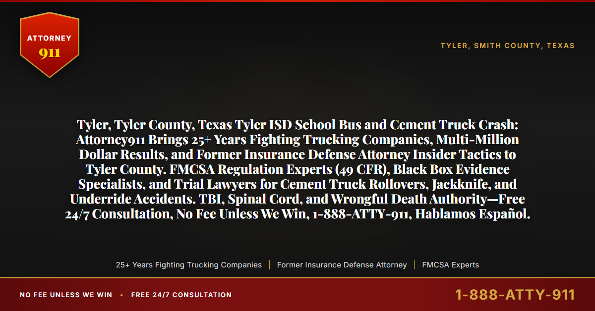 Tyler, Tyler County, Texas Tyler ISD School Bus and Cement Truck Crash: Attorney911 Brings 25+ Years Fighting Trucking Companies, Multi-Million Dollar Results, and Former Insurance Defense Attorney Insider Tactics to Tyler County. FMCSA Regulation Experts (49 CFR), Black Box Evidence Specialists, and Trial Lawyers for Cement Truck Rollovers, Jackknife, and Underride Accidents. TBI, Spinal Cord, and Wrongful Death Authority—Free 24/7 Consultation, No Fee Unless We Win, 1-888-ATTY-911, Hablamos Español. - Attorney911
