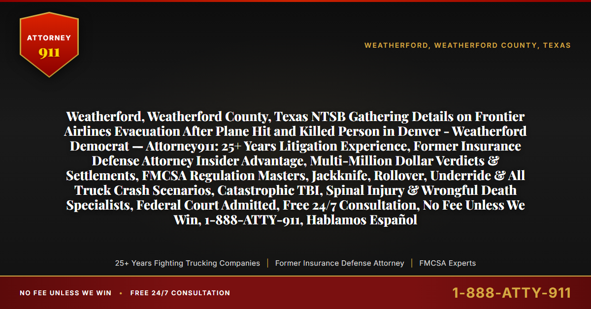 Weatherford, Weatherford County, Texas NTSB Gathering Details on Frontier Airlines Evacuation After Plane Hit and Killed Person in Denver - Weatherford Democrat — Attorney911: 25+ Years Litigation Experience, Former Insurance Defense Attorney Insider Advantage, Multi-Million Dollar Verdicts & Settlements, FMCSA Regulation Masters, Jackknife, Rollover, Underride & All Truck Crash Scenarios, Catastrophic TBI, Spinal Injury & Wrongful Death Specialists, Federal Court Admitted, Free 24/7 Consultation, No Fee Unless We Win, 1-888-ATTY-911, Hablamos Español - Attorney911