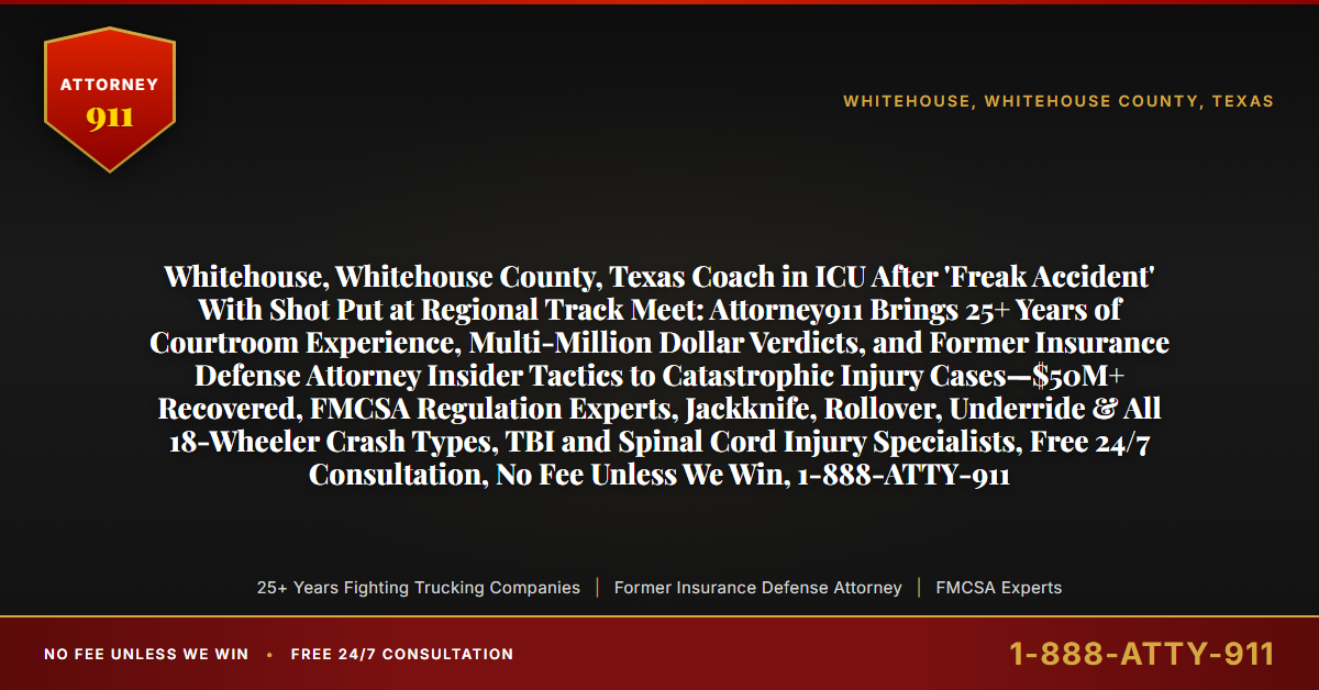 Whitehouse, Whitehouse County, Texas Coach in ICU After 'Freak Accident' With Shot Put at Regional Track Meet: Attorney911 Brings 25+ Years of Courtroom Experience, Multi-Million Dollar Verdicts, and Former Insurance Defense Attorney Insider Tactics to Catastrophic Injury Cases—$50M+ Recovered, FMCSA Regulation Experts, Jackknife, Rollover, Underride & All 18-Wheeler Crash Types, TBI and Spinal Cord Injury Specialists, Free 24/7 Consultation, No Fee Unless We Win, 1-888-ATTY-911 - Attorney911
