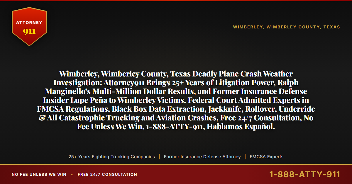 Wimberley, Wimberley County, Texas Deadly Plane Crash Weather Investigation: Attorney911 Brings 25+ Years of Litigation Power, Ralph Manginello’s Multi-Million Dollar Results, and Former Insurance Defense Insider Lupe Peña to Wimberley Victims. Federal Court Admitted Experts in FMCSA Regulations, Black Box Data Extraction, Jackknife, Rollover, Underride & All Catastrophic Trucking and Aviation Crashes, Free 24/7 Consultation, No Fee Unless We Win, 1-888-ATTY-911, Hablamos Español. - Attorney911